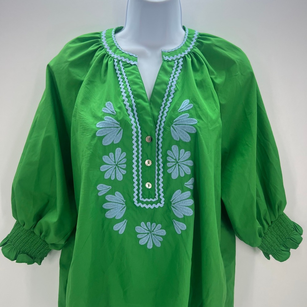 Entro Green Embroidered Tunic Top Womens Medium 3/4 Puff Sleeve Ric-Rac - Picture 9 of 11
